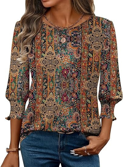 Boho Tops for Women Round Neck 3/4 Sleeve Shirt Fashion Casual Tunic Blouse Loose Fit Tee Tops