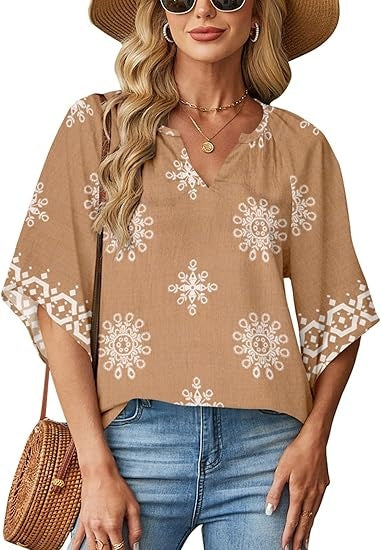 Women's Casual V Neck 3/4 Sleeve Blouses Bohemian Print Shirts Loose Fit Tunic Tops