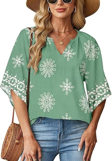 Women's Casual V Neck 3/4 Sleeve Blouses Bohemian Print Shirts Loose Fit Tunic Tops