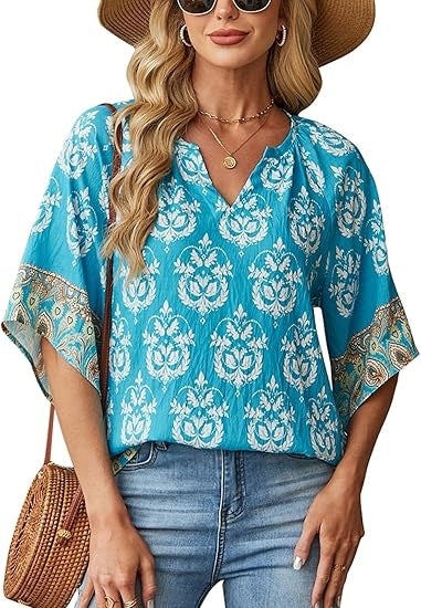 Women's Casual V Neck 3/4 Sleeve Blouses Bohemian Print Shirts Loose Fit Tunic Tops