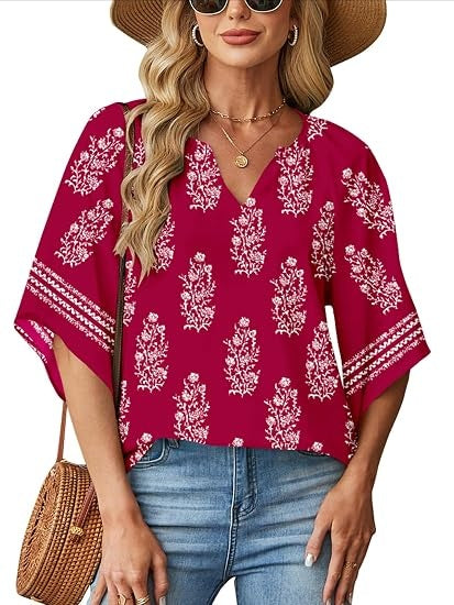 Women's Casual V Neck 3/4 Sleeve Blouses Bohemian Print Shirts Loose Fit Tunic Tops