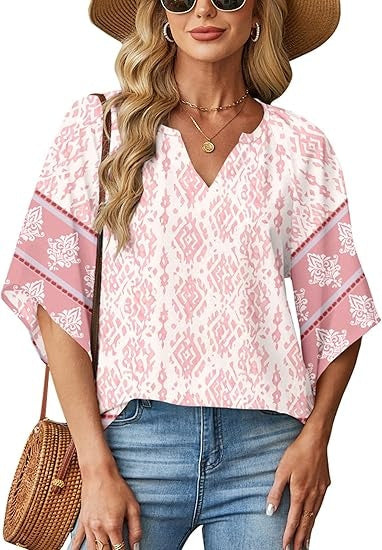 Women's Casual V Neck 3/4 Sleeve Blouses Bohemian Print Shirts Loose Fit Tunic Tops
