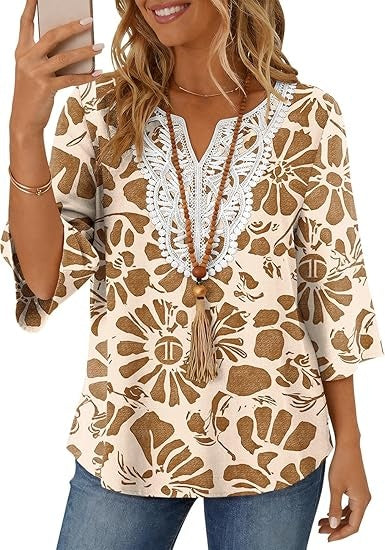 Womens Linen 3/4 Sleeve Tops Boho Lace Casual Blouses Loose Fit V Neck Shirts Fashion Summer Beach Vacation