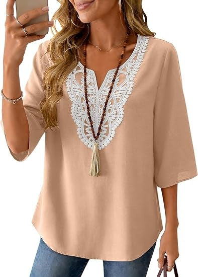 Womens Linen 3/4 Sleeve Tops Boho Lace Casual Blouses Loose Fit V Neck Shirts Fashion Summer Beach Vacation