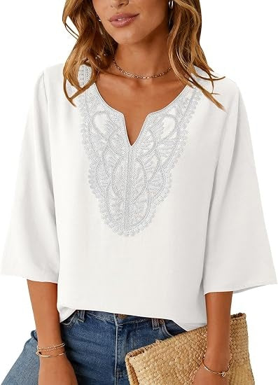 Womens Linen 3/4 Sleeve Tops Boho Lace Casual Blouses Loose Fit V Neck Shirts Fashion Summer Beach Vacation