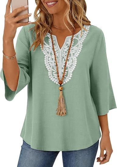 Womens Linen 3/4 Sleeve Tops Boho Lace Casual Blouses Loose Fit V Neck Shirts Fashion Summer Beach Vacation