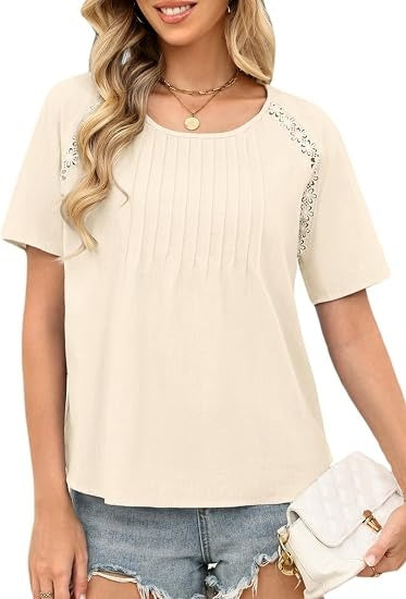 Boho Tops for Women Summer Cotton Short Sleeve Crew Neck Loose Fit T Shirt Blouses Dressy Casual