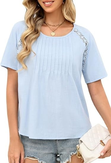 Boho Tops for Women Summer Cotton Short Sleeve Crew Neck Loose Fit T Shirt Blouses Dressy Casual