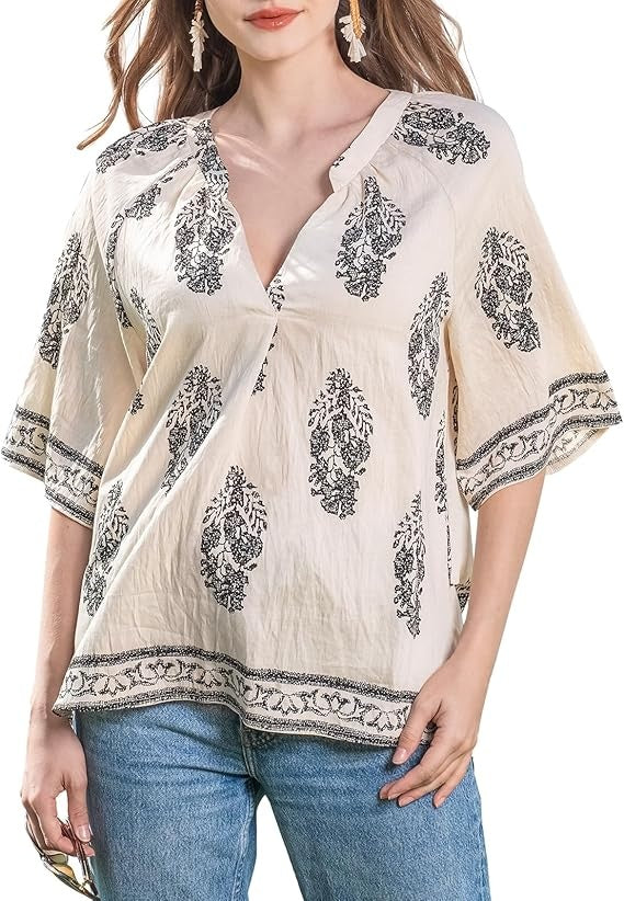Boho Tops for Women V Neck 3/4 Sleeve Lightweight Blouses Trendy Loose Fit Bohemian Dressy Casual Peasant Tunic Blouse