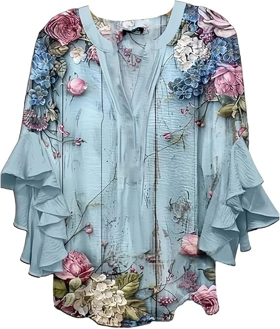 atterned Boho Tops for Women Linen 3/4 Sleeve Embroidered Blouses