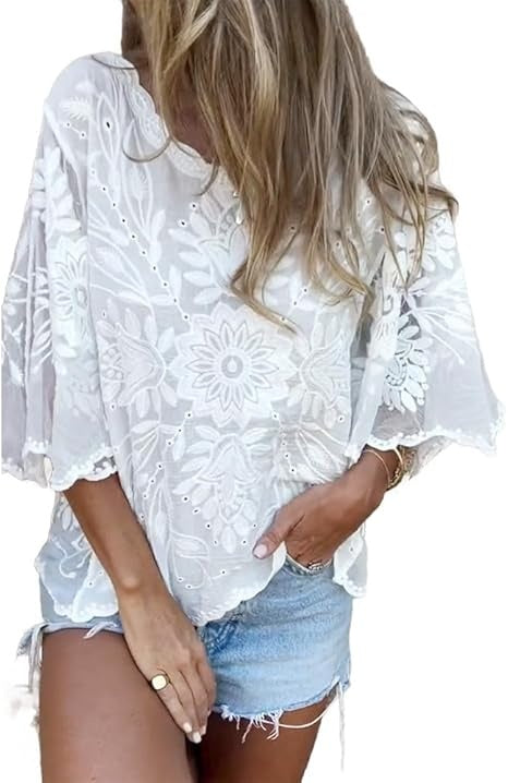 Womens Boho Lace 3/4 Butterfly Sleeve Cotton Tops Round Neck Vintage Embroidered Blouse