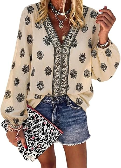 Women's Casual V Neck Blouse Floral Boho Summer Tops Lantern Sleeve Loose Fit Tunics Flowy Vacation Clothes