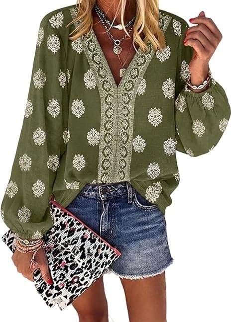 Women's Casual V Neck Blouse Floral Boho Summer Tops Lantern Sleeve Loose Fit Tunics Flowy Vacation Clothes
