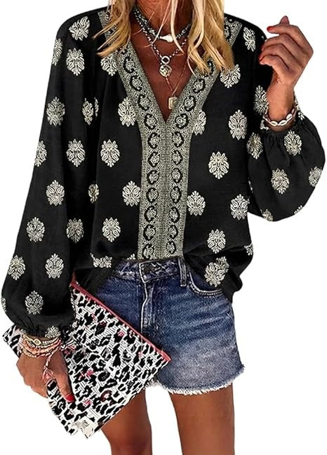 Women's Casual V Neck Blouse Floral Boho Summer Tops Lantern Sleeve Loose Fit Tunics Flowy Vacation Clothes