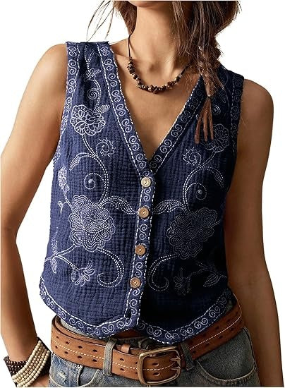 Women's Western Outfit Cowgirl Embroidered Vest Tops Button Floral Boho Tank Top