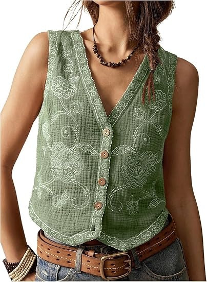 Women's Western Outfit Cowgirl Embroidered Vest Tops Button Floral Boho Tank Top