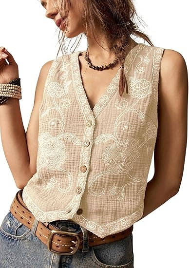 Women's Western Outfit Cowgirl Embroidered Vest Tops Button Floral Boho Tank Top