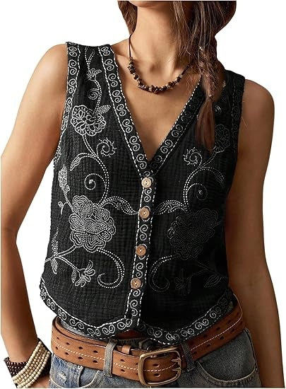 Women's Western Outfit Cowgirl Embroidered Vest Tops Button Floral Boho Tank Top
