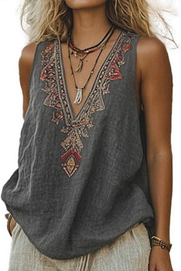 Mexican Embroidered Tops for Women Summer Floral Sleeveless Boho Tops Casual V Neck Peasant Blouse Loose Tank Tops