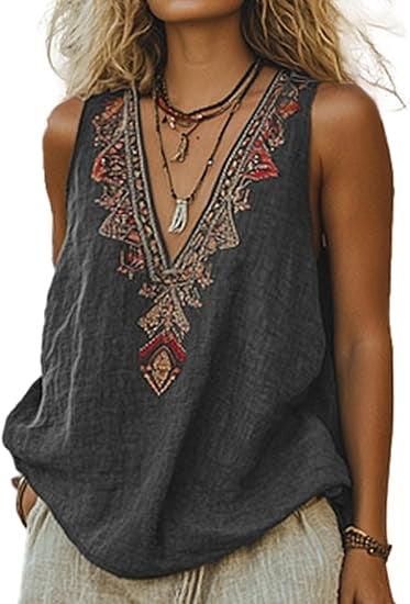 Mexican Embroidered Tops for Women Summer Floral Sleeveless Boho Tops Casual V Neck Peasant Blouse Loose Tank Tops