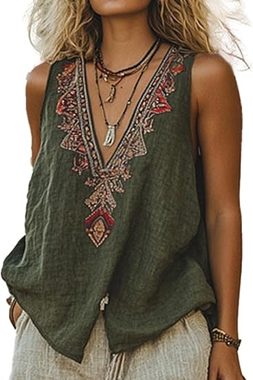Mexican Embroidered Tops for Women Summer Floral Sleeveless Boho Tops Casual V Neck Peasant Blouse Loose Tank Tops