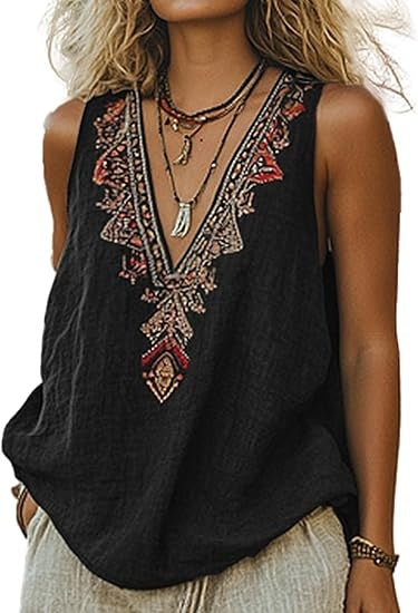Mexican Embroidered Tops for Women Summer Floral Sleeveless Boho Tops Casual V Neck Peasant Blouse Loose Tank Tops