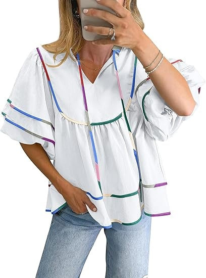 Womens Babydoll Tops 2026 Summer V Neck Boho Blouse Short Lantern Sleeve Dressy Casual Shirts Flowy Peplum T Shirt