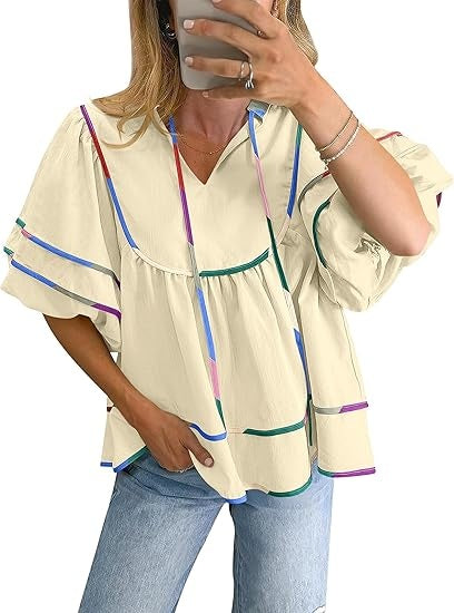 Womens Babydoll Tops 2026 Summer V Neck Boho Blouse Short Lantern Sleeve Dressy Casual Shirts Flowy Peplum T Shirt
