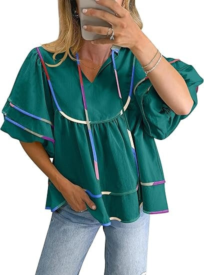 Womens Babydoll Tops 2026 Summer V Neck Boho Blouse Short Lantern Sleeve Dressy Casual Shirts Flowy Peplum T Shirt