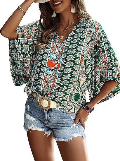 Women's Boho Print V Neck 3/4 Bell Sleeve Button Front Summer Blouse Top