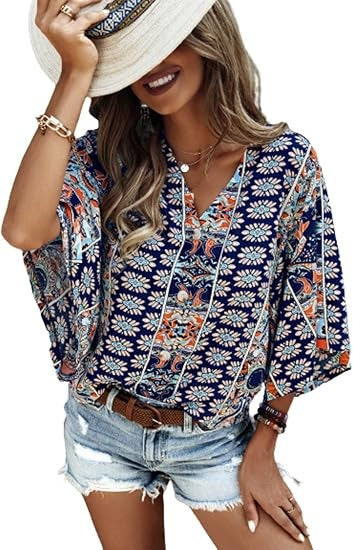Women's Boho Print V Neck 3/4 Bell Sleeve Button Front Summer Blouse Top