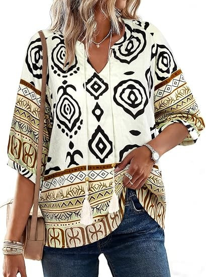 Women's 3/4 Sleeve Boho Top Loose Fit V Neck Drawstring Blouse Lightweight Summer Vacation Tunic Tops