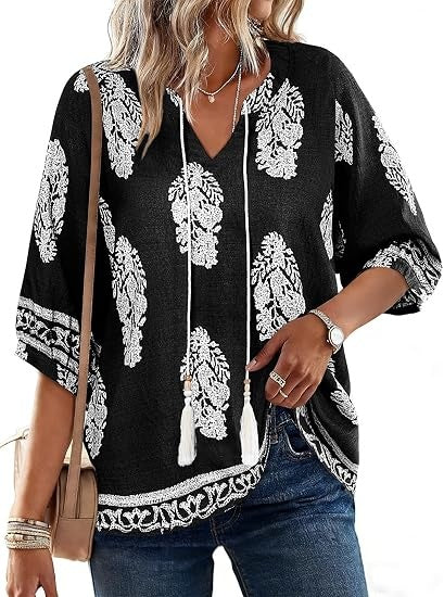 Women's 3/4 Sleeve Boho Top Loose Fit V Neck Drawstring Blouse Lightweight Summer Vacation Tunic Tops