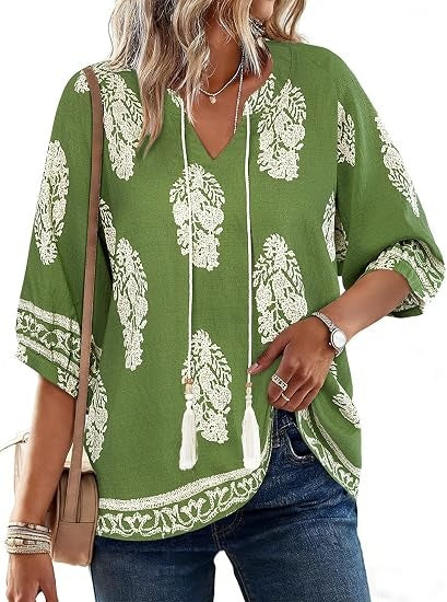 Women's 3/4 Sleeve Boho Top Loose Fit V Neck Drawstring Blouse Lightweight Summer Vacation Tunic Tops
