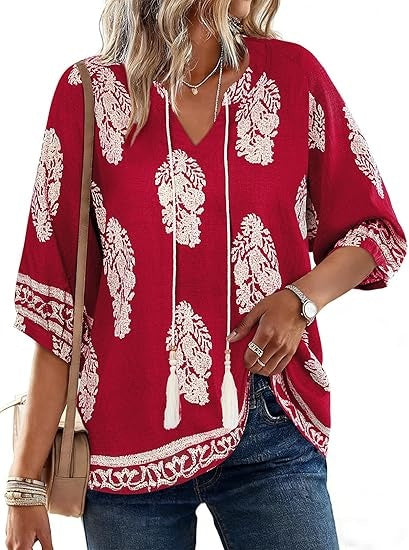 Women's 3/4 Sleeve Boho Top Loose Fit V Neck Drawstring Blouse Lightweight Summer Vacation Tunic Tops