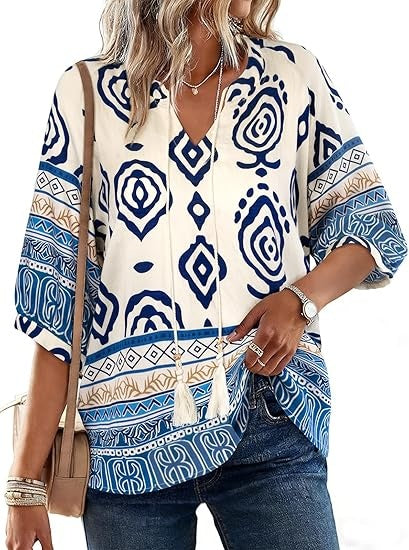 Women's 3/4 Sleeve Boho Top Loose Fit V Neck Drawstring Blouse Lightweight Summer Vacation Tunic Tops