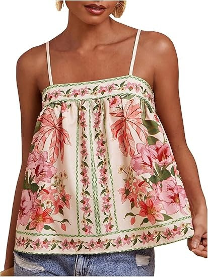 Women's Boho Floral Camisole Tops Graphic Spaghetti Strap Tank Top Beach Vacation Clothes