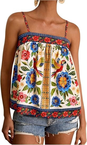 Women's Boho Floral Camisole Tops Graphic Spaghetti Strap Tank Top Beach Vacation Clothes