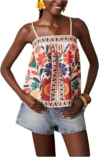 Women's Boho Floral Camisole Tops Graphic Spaghetti Strap Tank Top Beach Vacation Clothes