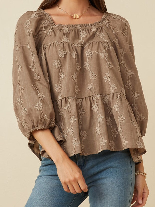 Womens Brushed Floral Detailed Puff Sleeve Square Neck Top