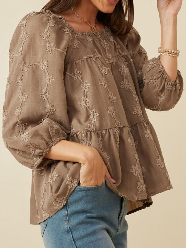 Womens Brushed Floral Detailed Puff Sleeve Square Neck Top