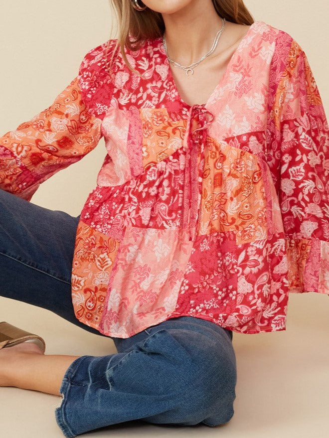 Print Blocked Cinch Sleeve Babydoll Top