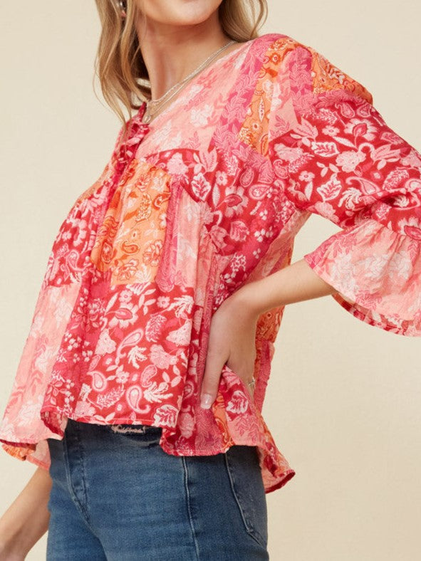 Print Blocked Cinch Sleeve Babydoll Top
