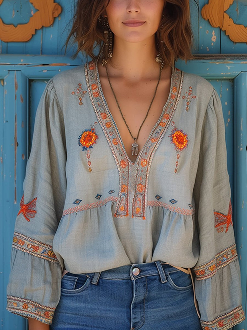 Bohemian Embroidered Women's Blouse Airy Lightweight Flowing