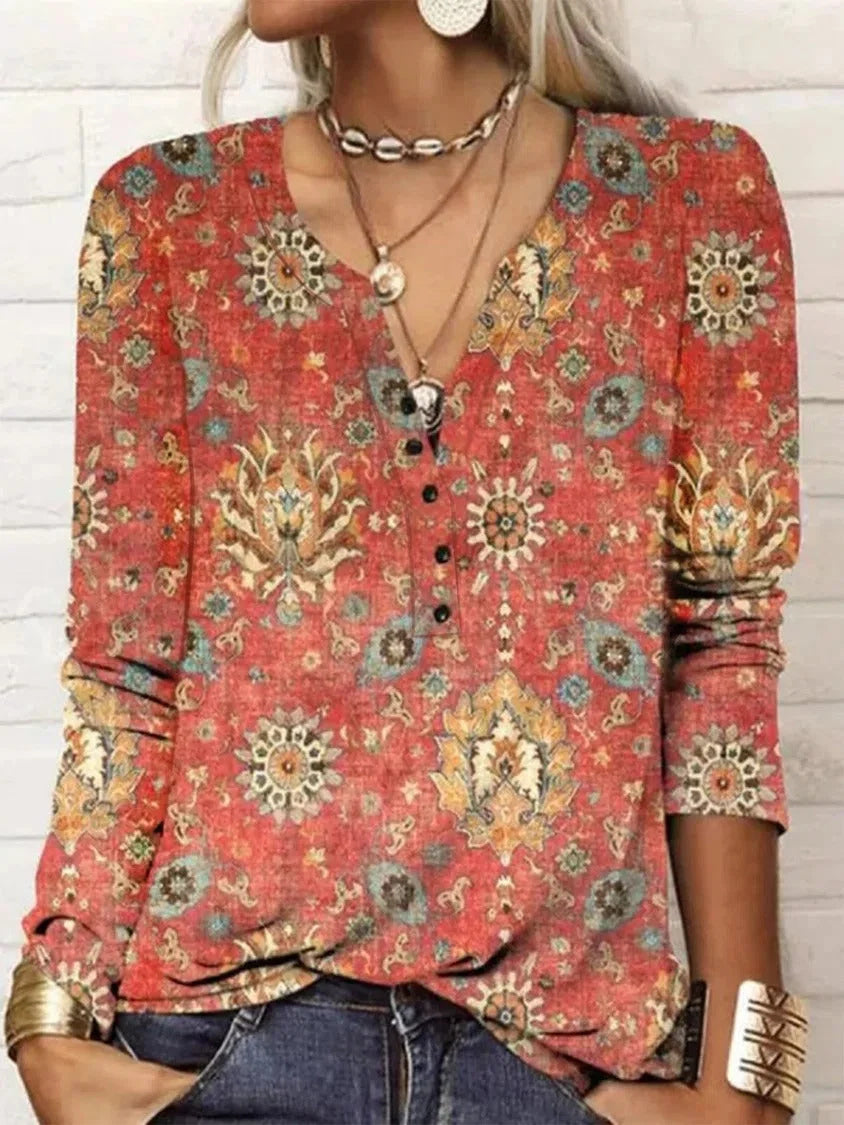 Ethnic Floral Boho V Neck T-Shirt