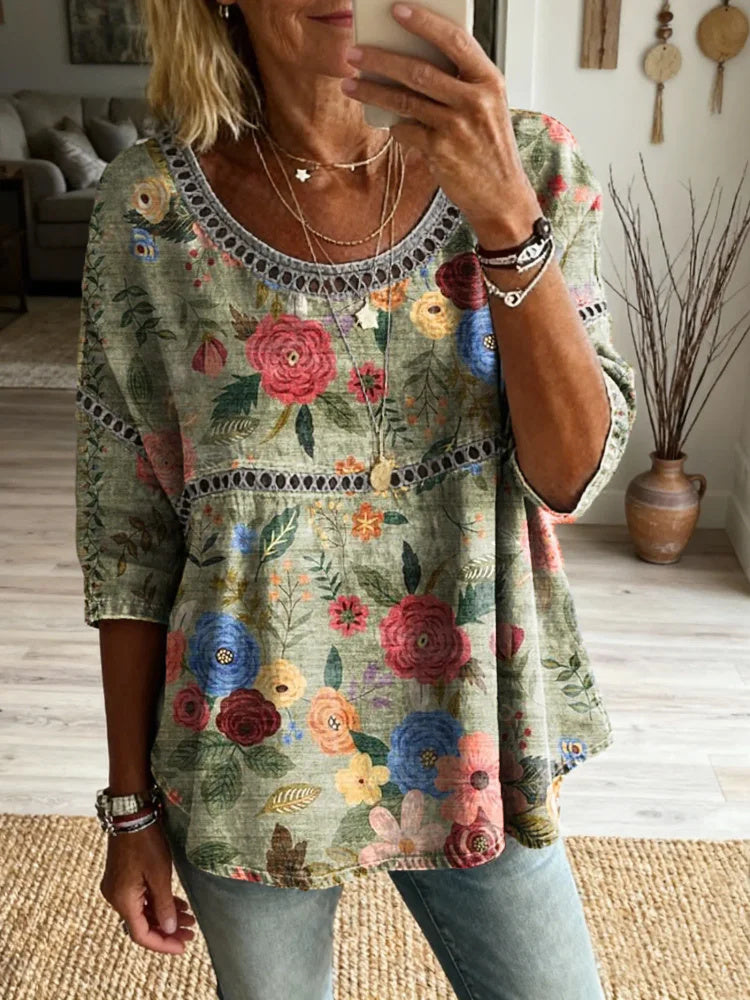Women's Floral Pattern Art Print Casual Round Neck Lace-up Top