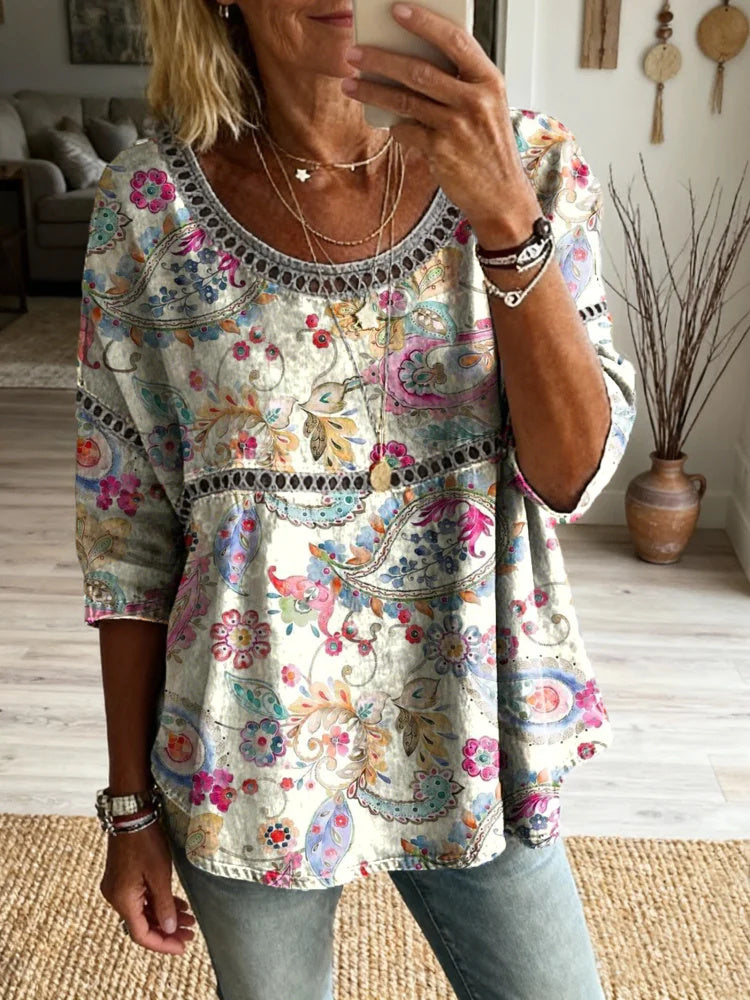 Women's Vintage Ethnic Paisley Floral Art Print Round Neck Cutout Cotton Top