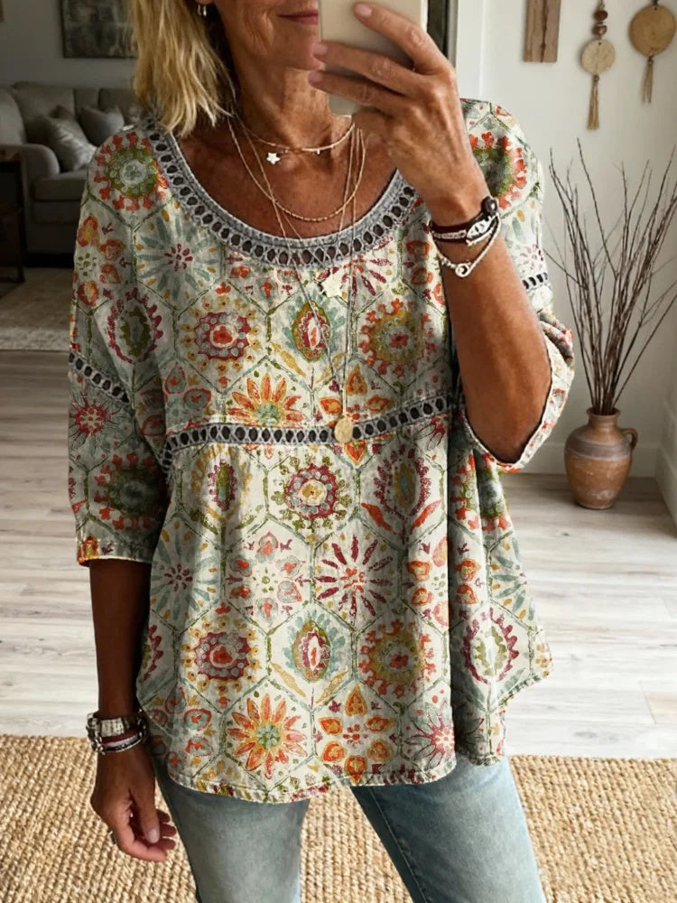 Womens Vintage Ethnic Geometric Floral Art Print Round Neck Cutout Cotton Top