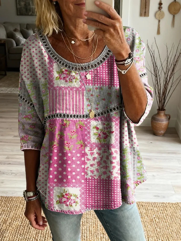 Women's Floral Pattern Art Print Casual Round Neck Lace-up Top