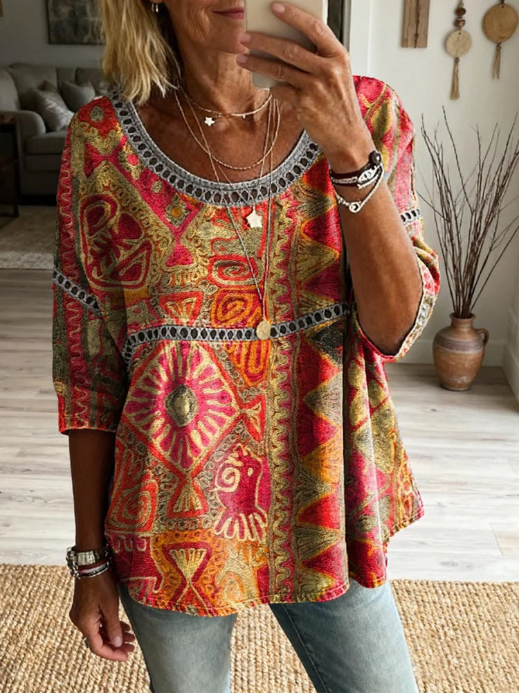 Women's Retro Bohemian Art Print Casual Round Neck Cotton Linen Shirt
